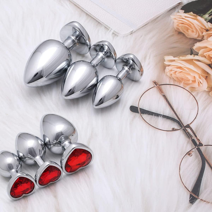 3 Pcs Luxury Jewelry Design Anal Butt Plug (Red/Heard Shape) - Delightor