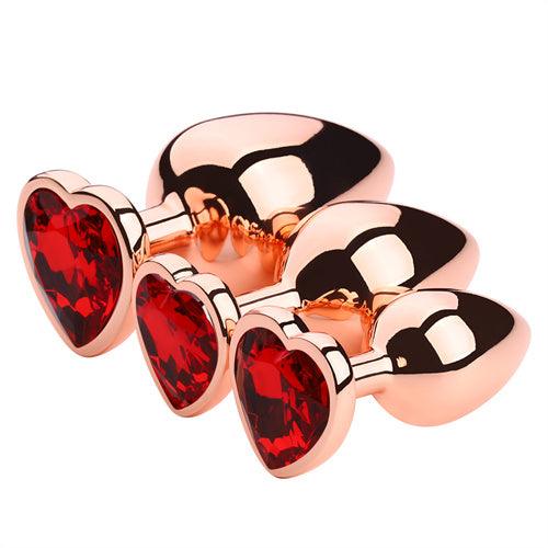 3 Pcs Rose Gloden Color Butt Plug With Red Heart Shaped Jewel - Delightor