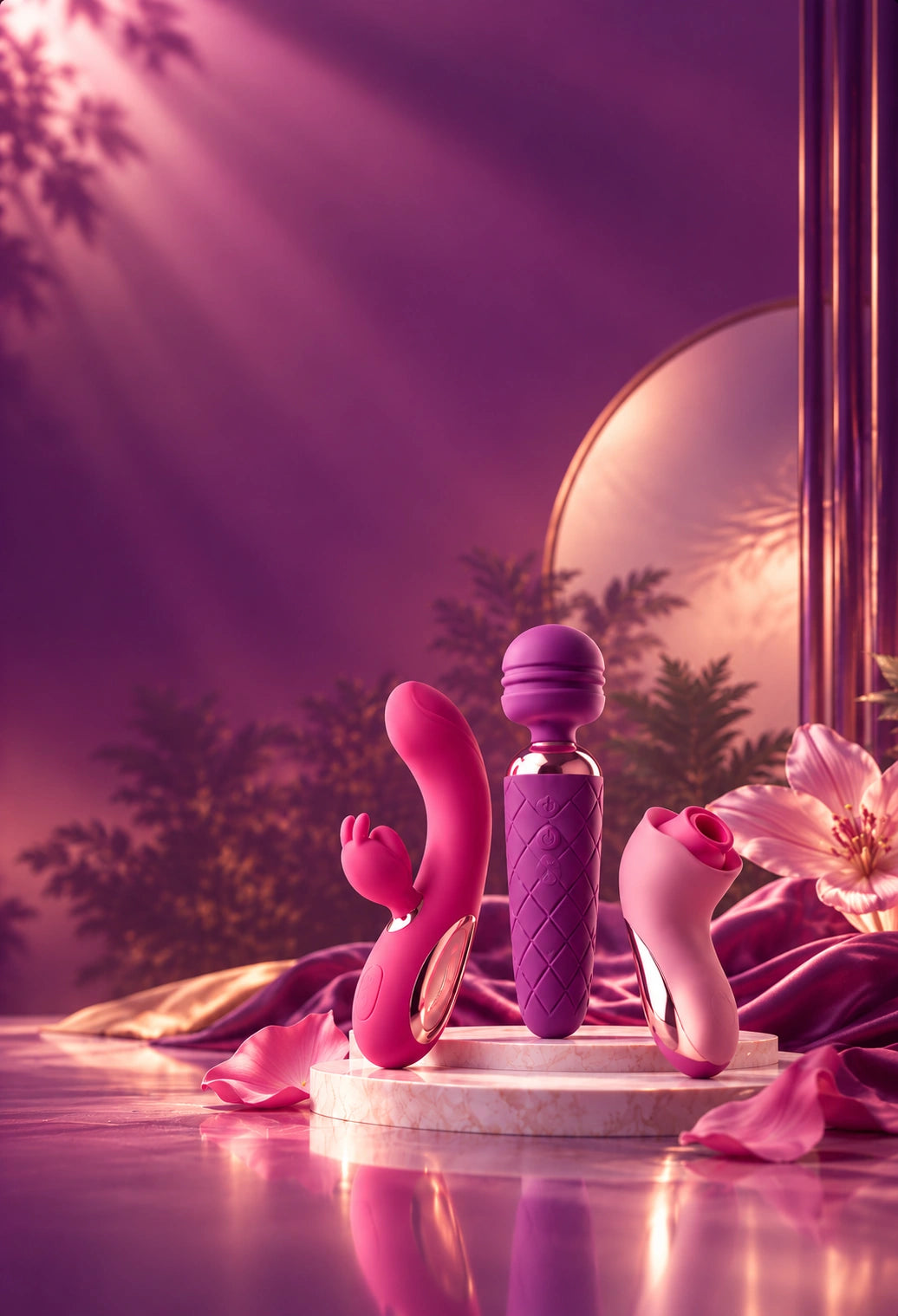 Pink and purple intimate wellness massagers arranged on a marble display with satin fabric, flowers, and soft purple lighting